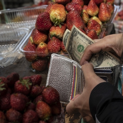 A woman saves her change in dollar bills after buying fruit at a stall at the Quinta Crespo municipal market in Caracas on August 25, 2022. (Photo by Yuri CORTEZ / AFP)