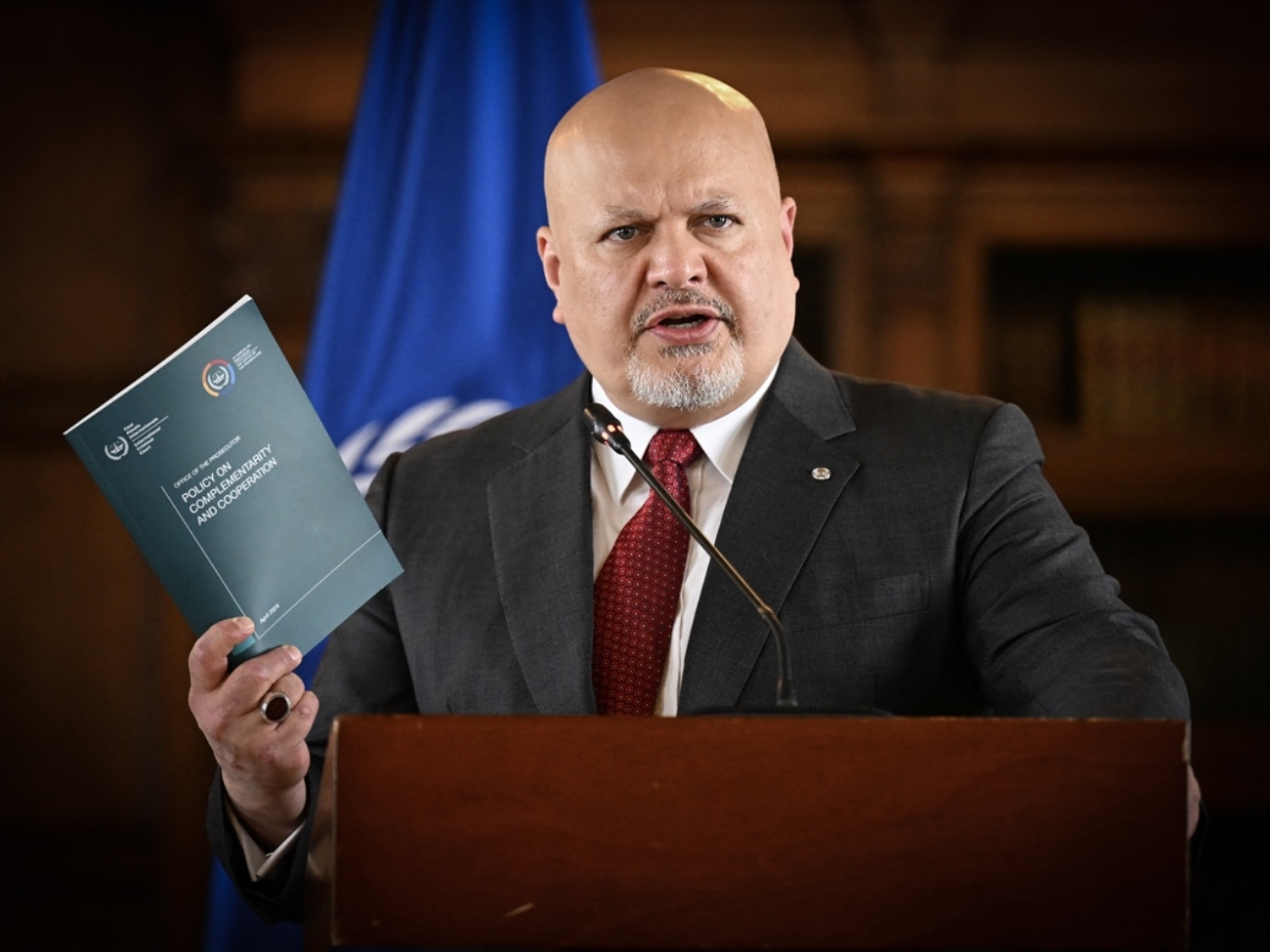 International Criminal Court (ICC) Prosecutor Karim Khan speaks during a press conference at the San Carlos Palace in Bogota, on April 25, 2024. Khan visits Colombia to reaffirm cooperation ties between Colombia and the ICC. (Photo by Luis ACOSTA / AFP)