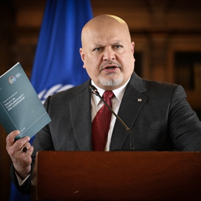 International Criminal Court (ICC) Prosecutor Karim Khan speaks during a press conference at the San Carlos Palace in Bogota, on April 25, 2024. Khan visits Colombia to reaffirm cooperation ties between Colombia and the ICC. (Photo by Luis ACOSTA / AFP)