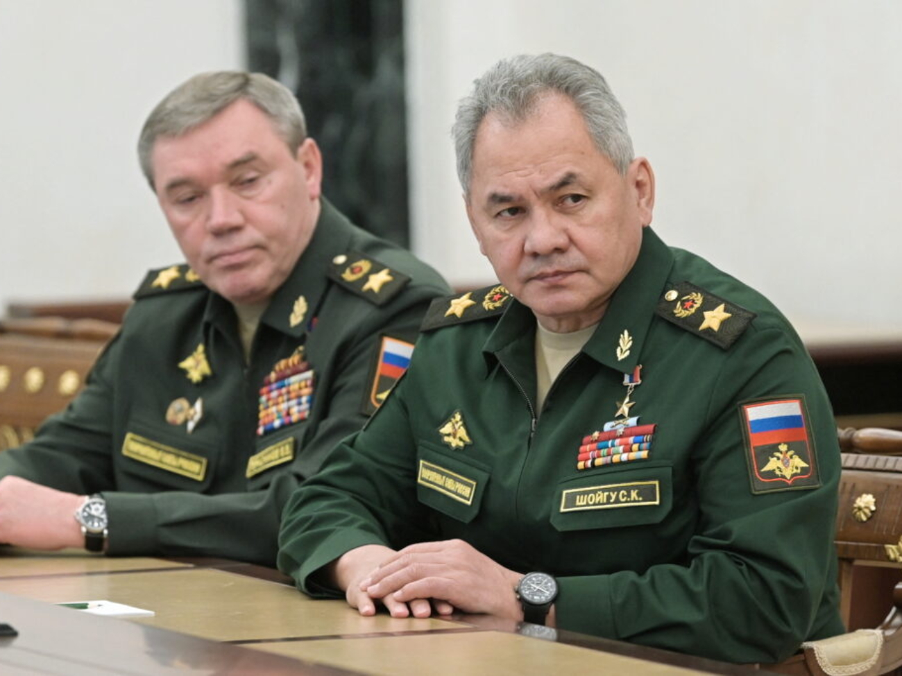 Russian Defence Minister Sergei Shoigu and Chief of the General Staff of Russian Armed Forces Valery Gerasimov attend a meeting with Russian President Vladimir Putin in Moscow, Russia February 27, 2022. Sputnik/Aleksey Nikolskyi/Kremlin via REUTERS ATTENTION EDITORS - THIS IMAGE WAS PROVIDED BY A THIRD PARTY.