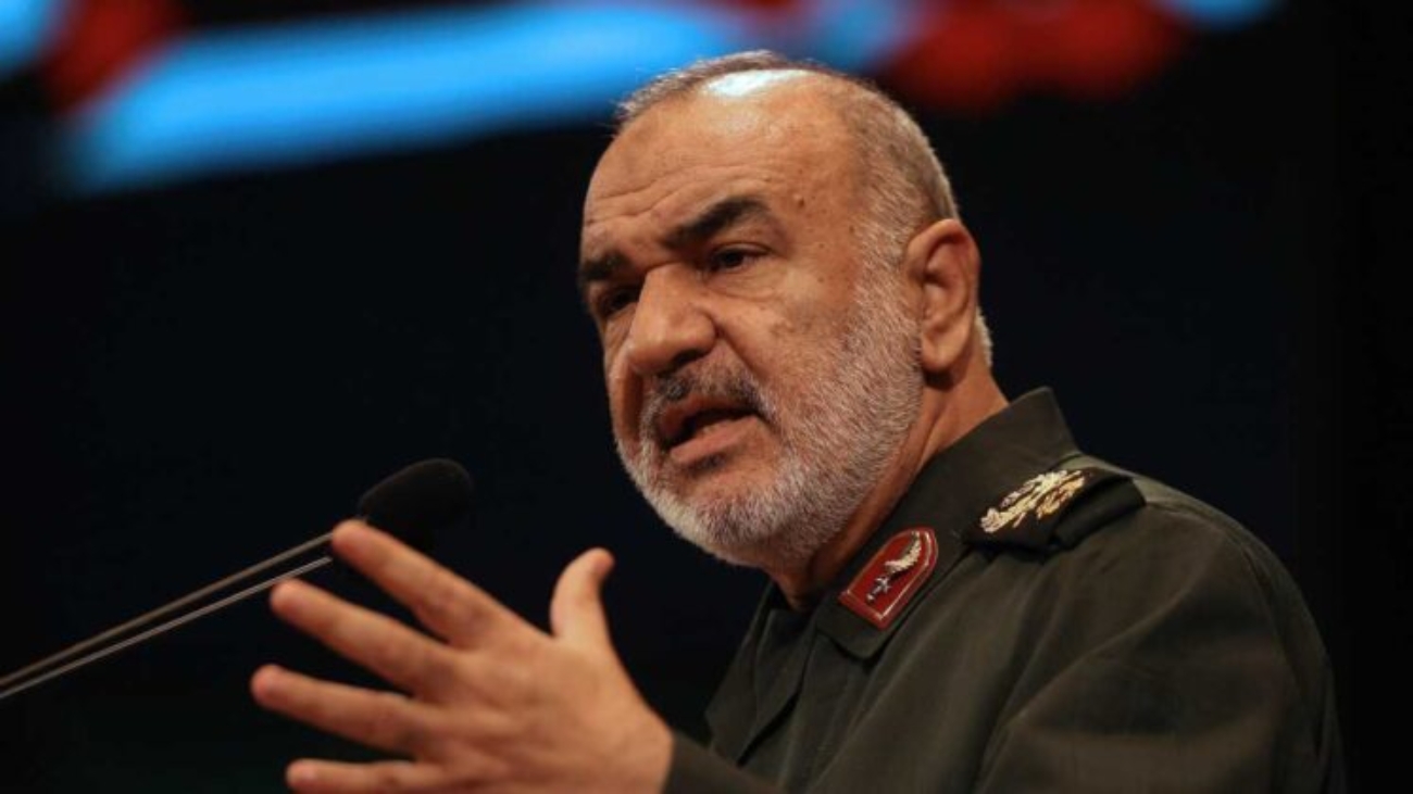 FILE - In this Nov. 22, 2018 file photo, the then-deputy commander of Iran's Revolutionary Guard Gen. Hossein Salami speaks during a conference in Tehran, Iran. Salami declared on March 5, 2020 that Iran is currently engaged in a fight against a virus which might be the product of an American biological attack. (AP Photo/Vahid Salemi, File)