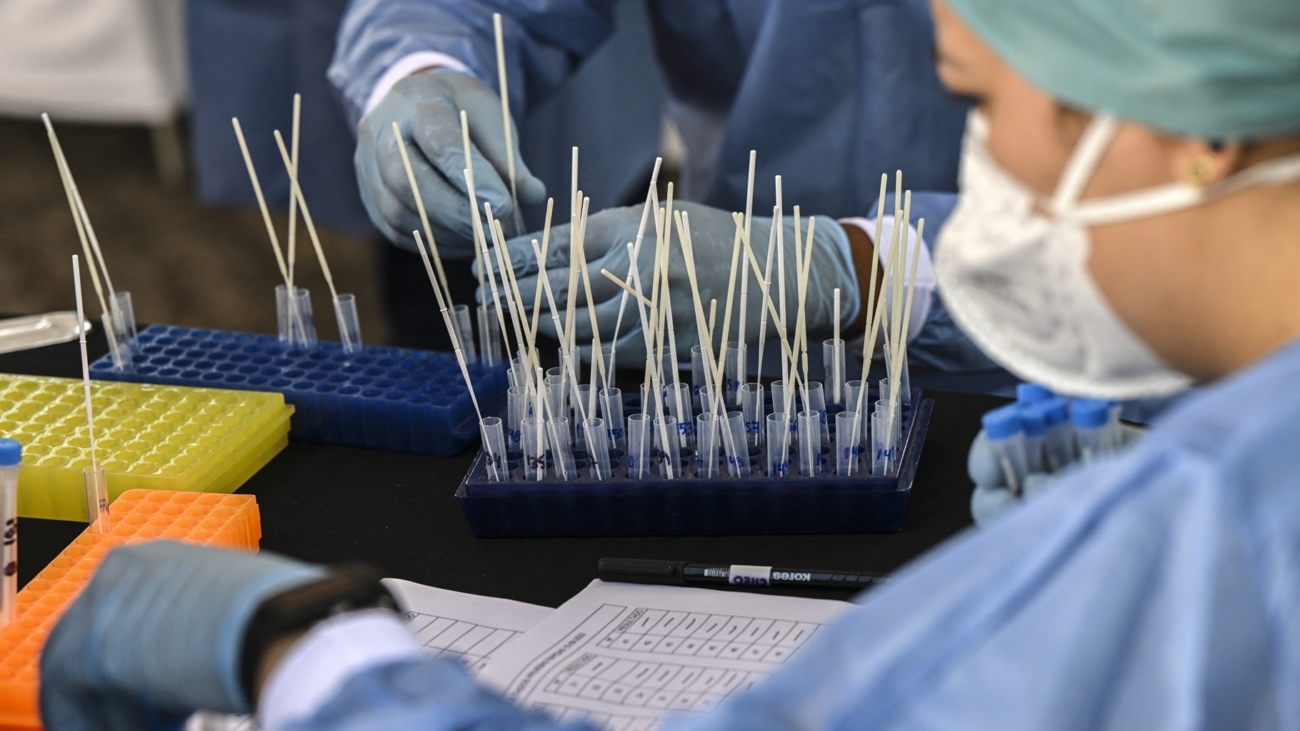 Medical personnel process the PCR tests against the COVID-19 virus taken from participants of the Iran-Venezuela Industrial Scientific and Technological Expoferia prior to the opening ceremony in Caracas, on September 15, 2022. More than 80 Iranian companies are participating in the fair together with some three hundred Venezuelan companies that have requested their participation in the event that takes place from September 15 to 19. (Photo by Yuri CORTEZ / AFP)